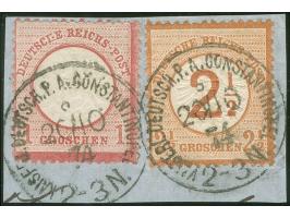 1872, Großer Schild 1 Kr. karmin mit Plattenfehler “H in Deutsche gebrochen” (Feld 94) und 2 ½ auf 2 ½ Gr. rotbraun mit Stemp