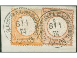 1872, Großer Schild ½ Gr. gelblichorange und 2 ½ Gr. mittelrötlichbraun, gestempelt “KAISERL.DEUTSCH.P.A. CONSTANTINOPEL 8/1 