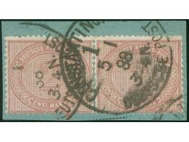 1884, Innendienst 2 M. mittelrosalila, waagerechtes Paar mit Plattenfehler “große Unterbrechung in der Guilloche unten links”