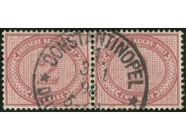 1890/1900, Innendienst 2 M. dunkelrotkarmin, waagerechtes Paar mit Plattenfehler “große Unterbrechung in der Guilloche unten 