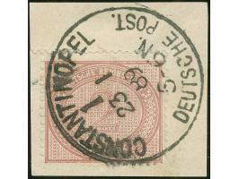 1884, Innendienst 2 M. mittelrosalila, verbreitertes Format, sauber gestempelt “CONSTANTINOPEL 1 23.1.89” auf Briefstück, tad