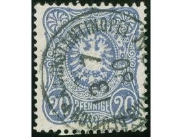 1875, Pfennige 20 Pfg. ultramarin, mit Plattenfehler “abgeplatteter rechter Seitenrand und Oberrand”, sauber gestempelt “KAIS