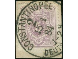 1880, Pfennig 5 Pfg. violett, sauber gestempelt “CONSTANTINOPEL 2 DEUTSCHE POST 15 1 84” auf Briefstück, tadellos, Fotoattest