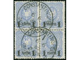 1884, Aufdruck auf Pfennig Aufdruck schwarz 1 Pia. auf 20 Pfg. lebhaftviolettultramarin, Viererblock mit Plattenfehler “breit