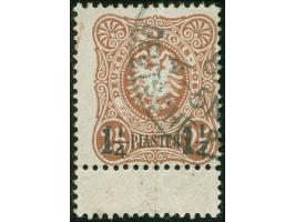 1884, Aufdruck auf Pfennig 1 ¼ Pia. auf 25 Pfg. orangebraun, mit Aufdruckfehler “1 vom linken ¼ verkürzt”, unten Zwischensteg