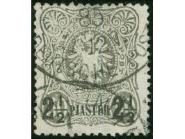 1884, Aufdruck auf Pfennig 2 ½ Pia. auf 50 Pfg. graugrün, mit Plattenfehler “fehlende Spitzenausfüllung Mitte rechts" (Feld 2