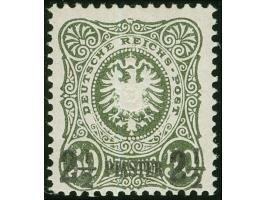 1884, Pfennig 2 ½ P. auf 50 Pfg oliv, Nachdruck, mit Plattenfehler “aufgebrochene Spitze Mitte oben”, sauber ungebraucht, tad