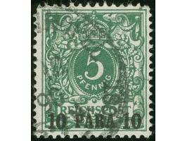1889, Krone/Adler 10 Pa. auf 5 Pfg. dunkelgrün, gestempelt “CONSTANTINOPEL … 12.90”, oben rechts verkürzte Zahnspitze sowie m