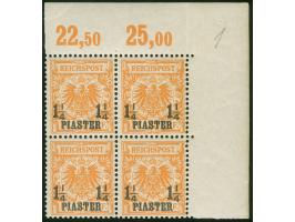 1889, Krone/Adler 1 ¼ Pia. auf 25 Pfg. gelblichorange, Viererblock aus der rechten oberen Bogenecke, postfrisch, tadellos, si