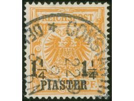 1889, Krone/Adler 1 ¼ Pia. auf 25 Pfg. gelblichorange, mit Aufdruckfehler “rechter Zähler ¼ nach links verbogen”, sauber gest