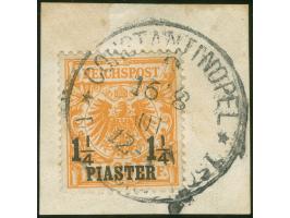 1889, Krone/Adler 1¼ Pia. auf 25 Pfg. gelblichorange, mit Aufdruckfehler “rechter Zähler ¼ nach links verbogen”, sauber geste