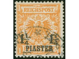 1889, Krone/Adler 1¼ Pia. auf 25 Pfg. gelblichorange, mit Aufdruckfehler “1 vom rechten ¼ verkürzt”, gestempelt “CONSTANTINOP