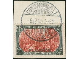 1900, Germania 25 Pia. auf 5 M. grünschwarz/bräunlichkarmin, Urmarkentype II, sauber gestempelt “CONSTANTINOPEL 1 6.12.05” au