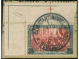 1900, Germania 25 Pia. auf 5 M. grünschwarz/bräunlichkarmin, Type I, Nachmalung mit &nbsp;Rot und Deckweiß, linke obere Bogen