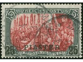 1900, Germania 25 Pia. auf 5 M. grünschwarz/bräunlichkarmin, Type I, Nachmalung nur mit Deckweiß, sauber gestempelt “SMYRNA 6