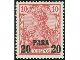 1902/04, Aufdrucktype II 20 P. auf 10 Pfg. dunkelkarminrot, Aufdruckfehler “PÄRA”, postfrisch, herstellungsbedingter senkrech