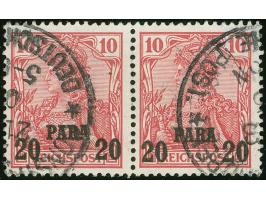1902/04, Aufdrucktype II 20 P. auf 10 Pfg. dunkelkarminrot, waagerechtes Paar mit verschieden hoch stehendem Aufdruck, sauber