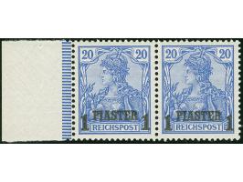1902/04, Aufdrucktype II 1 Pia. auf 20 Pfg. dunkelviolettultramarin, linkes Seitenrandstück, waagerechtes Paar mit verschiede