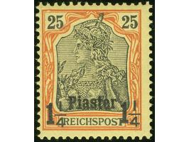 1900, Aufdrucktype I 1 ¼ Pia. auf 25 Pfg. rötlichorange/gelbschwarz auf hellgelb, mit Plattenfehler “blasenförmiger weißer Fl