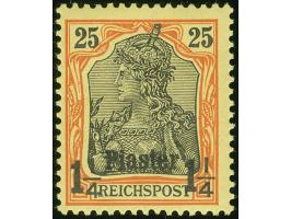 1900, Aufdrucktype I 1 ¼ Pia. auf 25 Pfg. rötlichorange/gelbschwarz auf hellgelb, mit &nbsp;Plattejnfehler “Anstrich des R vo