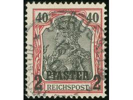 1900, Aufdrucktype I 2 Pia. auf 40 Pfg. dunkelrötlichkarmin/schwarz, mit Plattenfehler “innere Randlinie mit Mäander unten re