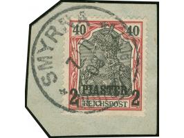 1900, Aufdrucktype I 2 Pia. auf 40 Pfg. dunkelrötlichkarmin/schwarz, mit Plattenfehler “innere Randlinie mit Mäander unten re