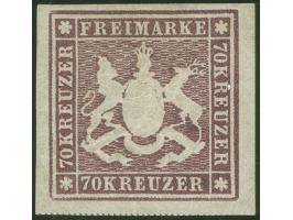1873, 70 Kr. braunlila, Bogenfeld 6, farbfrisch, meist breitrandig geschnitten, unten mit Teil der Trennungslinien, tadellos,