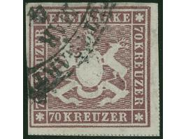 1873, 70 Kr. braunlila, Bogenfeld 2, farbfrisch, unten und rechts breitrandig geschnitten, mit gut erkennbarer Wappenprägung,