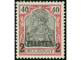 1900, Aufdrucktype I 2 Pia. auf 40 Pfg. dunkelrötlichkarmin/schwarz, mit Plattenfehler “Buchstaben P und T mit klobig vergröß