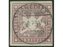 1873, 70 Kr. braunlila, Bogenfeld 4, farbfrisch, knapp- bis breitrandig geschnitten, links und oben mit praktisch kompletten 
