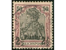 1900, Aufdrucktype I 2 ½ Pia. auf 50 Pfg. dunkelbräunlichlila/rotschwarz auf mattbraunorange, mit Plattenfehler “blasenförmig