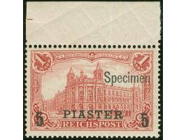 1902/04, Aufdrucktype II 5 Pia. auf 1 M. dunkelkarminrot, Oberrandstück mit Aufdruck “Specimen”, postfrisch, Falzrest im Ober