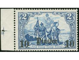 1905, Germania o.Wz. gez. 26:17 10 Pia. auf 2 M. schwärzlichblau, linkes Seitenrandstück mit Passerkreuz und Plattennummer “1