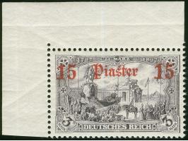 1905, Germania o.Wz. 15 Pia. auf 3 M. schwarzviolett rotorange leuchtend, linke obere Bogenecke, postfrisch, tadellos, sign. 