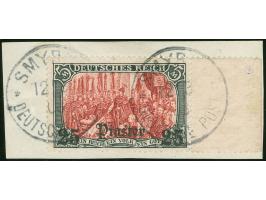 1905, Germania o.Wz. 25 Pia. auf 5 M. grünschwarz/dunkelkarmin, UV gelblichrot leuchtend, rechtes Seitenrandstück, sauber ges