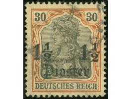 1905, Germania o.Wz. 1 ½ Pia. auf 30 Pfg. dunkelrötlichorange/braunschwarz auf mattchromgelb, mit Aufdruckfehler “Fußstrich s