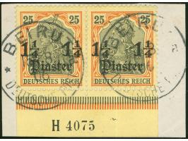 1905, Germania o.Wz. 1 ¼ Pia. auf 25 Pfg. dunkelorange/braunschwarz auf helbgelb, waagerechtes Unterrandpaar mit Aufdruck-HAN