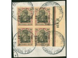 1905, Germania o.Wz. 2 ½ Pia. auf 50 Pfg. dunkelbräunlichlila/braunschwarz auf mattbraunorange, Viererblock mit rechtem Seite