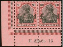 1905/13, Germania mit Wz. 4 Pia. auf 80 Pfg. dunkelrötlichkarmin/schwarz auf mattrosarot, waagerechtes Paar aus der linken un