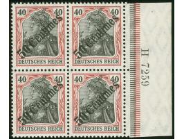1908, Diagonalaufdruck 50 C. auf 40 Pfg. dunkelrötlichkarmin/schwarz, Viererblock mit rechtem Seitenrand und Ur-HAN “H 7259”,