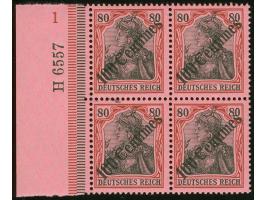 1908, Diagonalaufdruck 100 C. auf 80 Pfg. dunkelrötlichkarmin/schwarz auf mattrosarot, Viererblock mit linkem Seitenrand und 