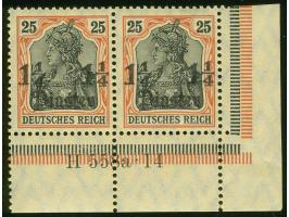 1905/13, Germania mit Wz. 1 ¼ Pia. auf 25 Pfg. dunkelrötlichorange/gelbschwarz auf hellgelb, waagerechtes Paar aus der rechte