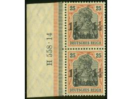 1905/13, Germania mit Wz. 1 ¼ Pia. auf 25 Pfg. dunkelrötlichorange/gelbschwarz auf hellgelb, senkrechtes Paar mit linkem Boge