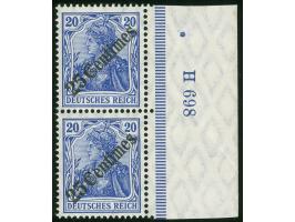 1908, Diagonalaufdruck 25 C. auf 20 Pfg. lebhaftlilaultramarin, senrekchtes Paar mit rechtem Bogenrand mit Ur-HAN "H 698", po