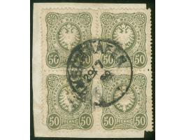 1888/90, Pfennig 50 Pfg. oliv, Viererblock, sauber gestempelt “FINSCHHAFEN 29/7/89” auf Briefstück, linke untere Marke Ecke u