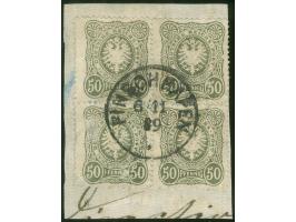 1888/90, Pfennig 50 Pfg. dunkeloliv, Viererblock mit Plattenfehler “fehlende Spitzenausfüllung im Ornament Mitte rechts” bei 