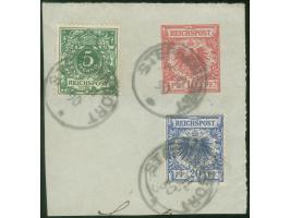 1890/98, Krone/Adler 5 Pfg. grün und 20 Pfg. mittelultramarin, gemeinsam auf Ganzsachenausschnitt 10 Pfg. Krone/Adler mit Ste