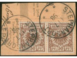 1898, Krone/Adler 50 Pfg. lebhaftrotbraun, waagerechtes Paar, sauber gestempelt “STEPHANSORT *** 1/7 98” auf Postanweisungsau