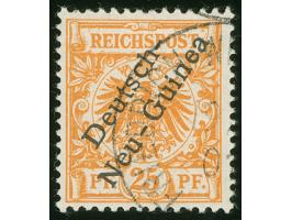 1897, Aufdruckausgabe 25 Pfg. dunkelorange, mit Plattenfehler “farbiger Punkt neben linker unterer Bandrolle”, sauber gestemp