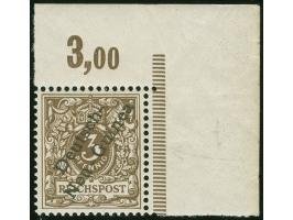 1897, Aufdruckausgabe 3 Pfg. dunkelockerbraun, rechte obere Bogenecke mit Aufdruckfehler “unterer Bogen des t in Deutsch verk